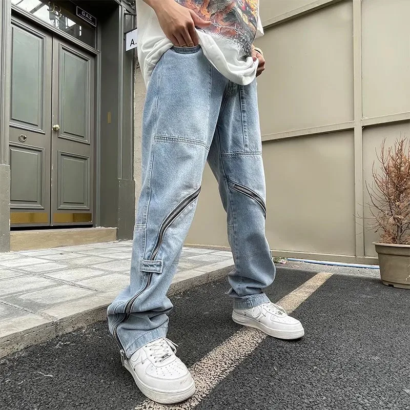 2022 Vibe Style Ankle Zipper Hip Hop Men Baggy Jeans Trousers Retro Washed Straight Denim Pants Elegant New Fashion Ropa Hombre