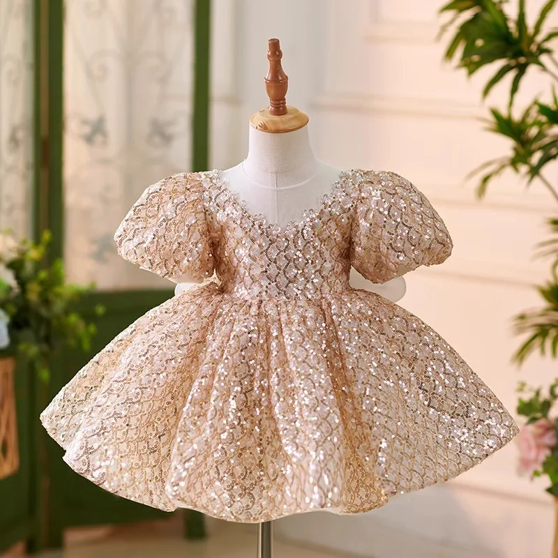 

New Big bow Fluffy Party Dresses for Girls wedding golden Tutu Child baby With Sequined Tulle Flower Girl Dress 1-12Yrs