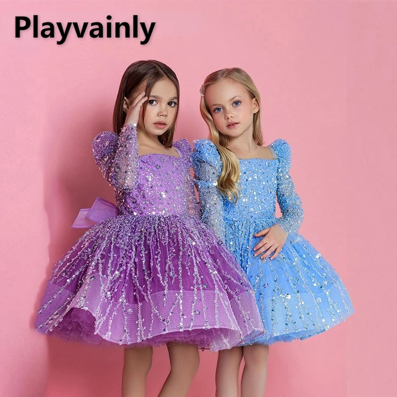 

New Spring Autumn Teenager Girl Party Dress Long Sleeves Square Collar Sequined Birthday Fluffy Princess Dresses H850