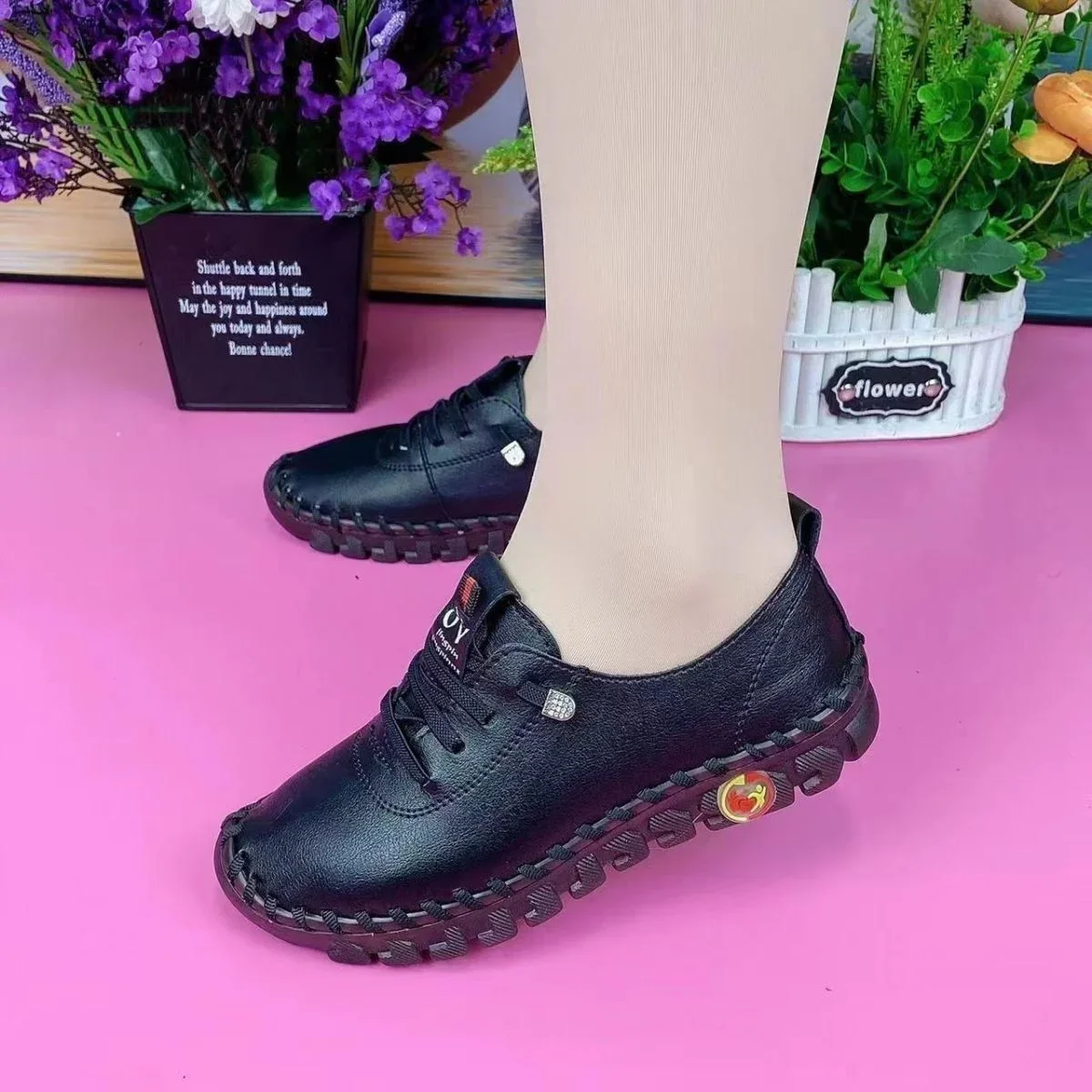 Spring Casual Women Shoes Platform Loafers Lace Up Leather Flats Slip-On Mom Shoe