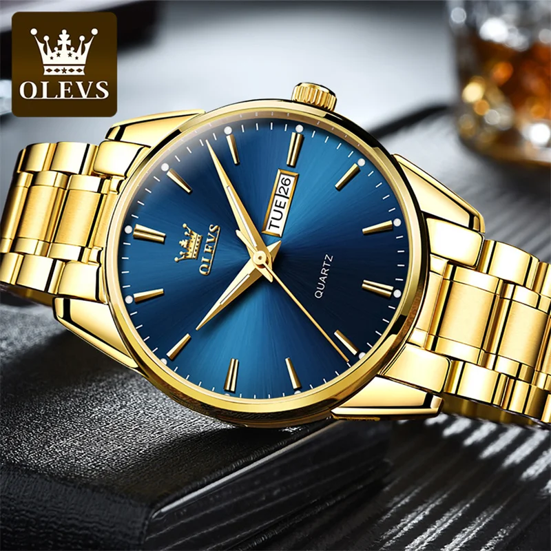 OLEVS Mens Watches Top Brand Luxury Stainless Steel Gold Quartz Watch for Men Sports Waterproof Week Date Business Wristwatches