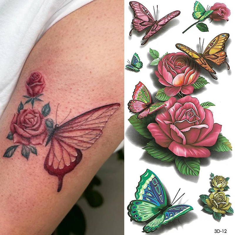 

1PC Waterproof Temporary Tattoo Stickere Butterfly Rose Flower Design Body Art Fake Tattoo Flash Tattoo Wrist Ankle Girls Female