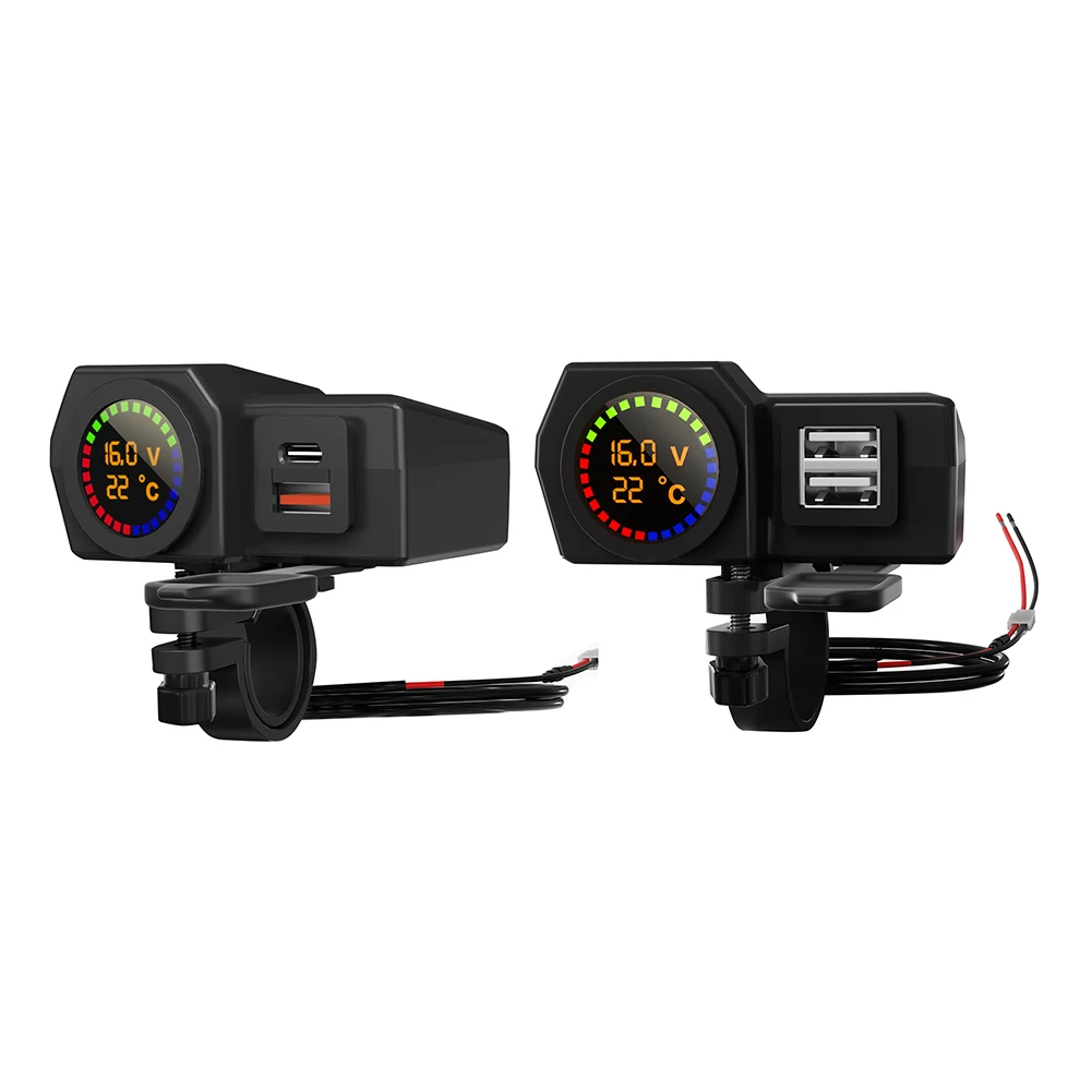 

One-to-three motorcycle chargers, voltage and temperature digital display, dual USB mobile phone chargers, PD car chargers