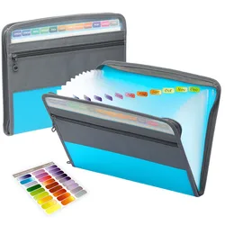 Multi-Pocket Accordion File Organizer with Secure Zipper and Front Pouch (Blue)