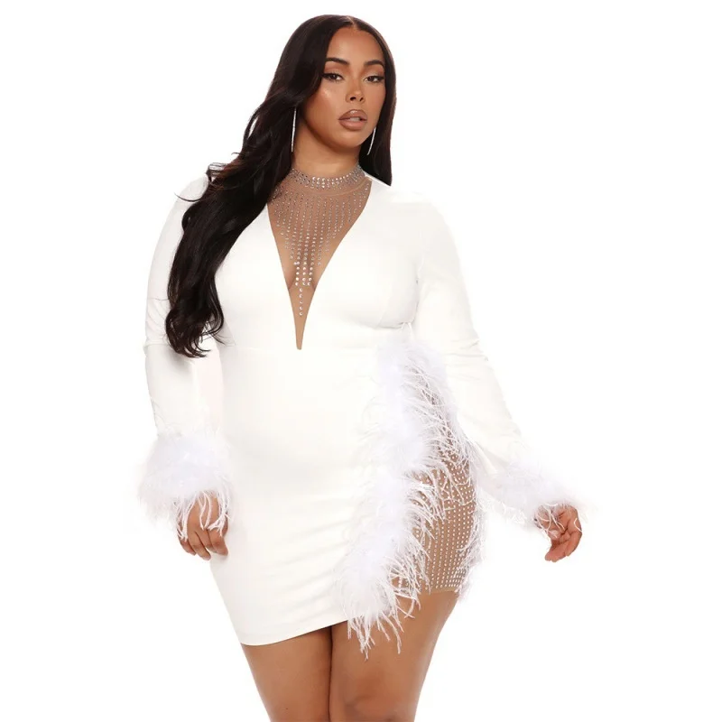 Plus Size Fashion Women Hip Wrapped Short Dress Solid Color Mesh Feather Patchwork Party Nightclub Oversize Dress Summer 2023