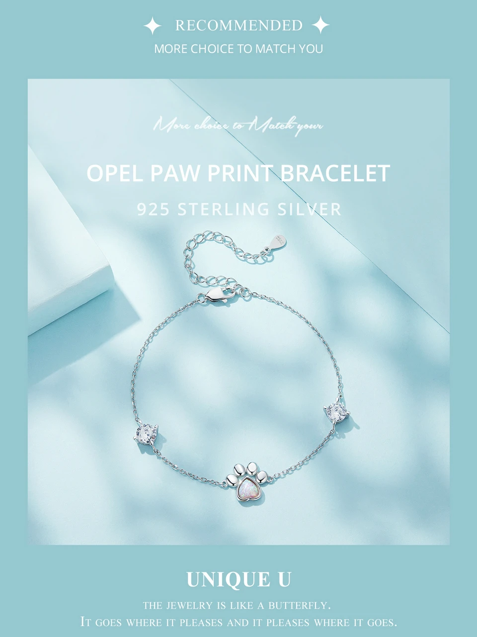 Sterling Silver Cut White Opal Cat Dog Paw Charm Bracelet For Women Fine Jewelry - PeticaDeals