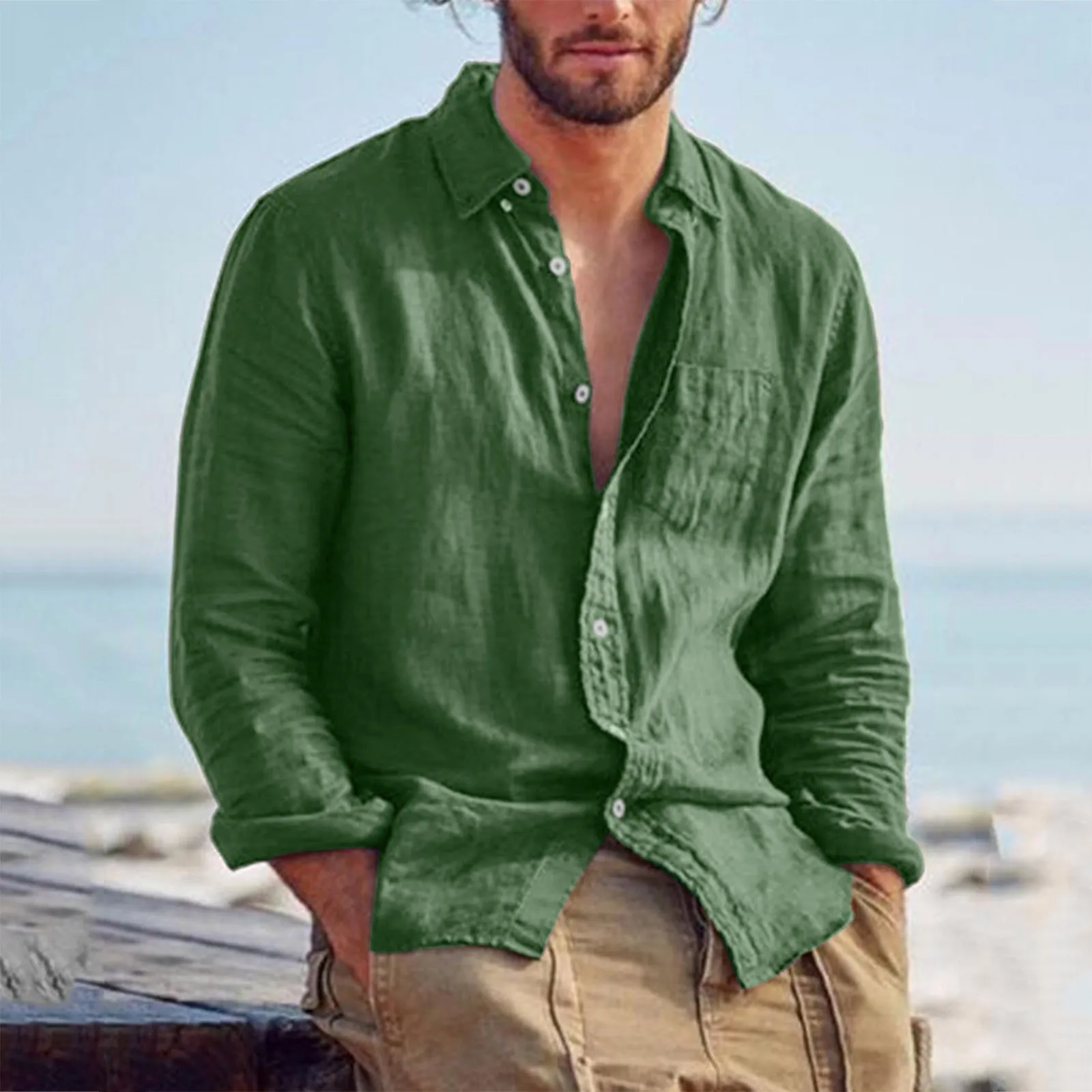 

2024 Men Casual Cotton Linen Shirts Lapel Collar Male Solid Color Long Sleeves Loose Tops Summer Fashion Handsome Men'S Shirts
