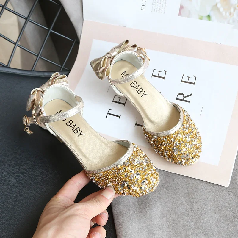 Baby Girl Shoes Princess Fashion Sequins Low Heel Summer Girls Sandals Cute Bowknot Kids Girls Party Shoes size 26-35 SMG077