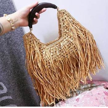 Borsa tote in paglia con frange bohémien, borsa da spiaggia estiva di grande capacità con elegante manico corto, borsa sottobraccio casual francese per donna