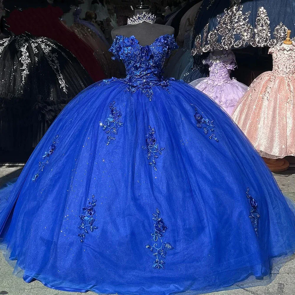 

Angelsbridep Кристалл Королевский синий Quinceanera платья 2024 бальное платье 3D цветочные милые платья 16 день рождения на заказ