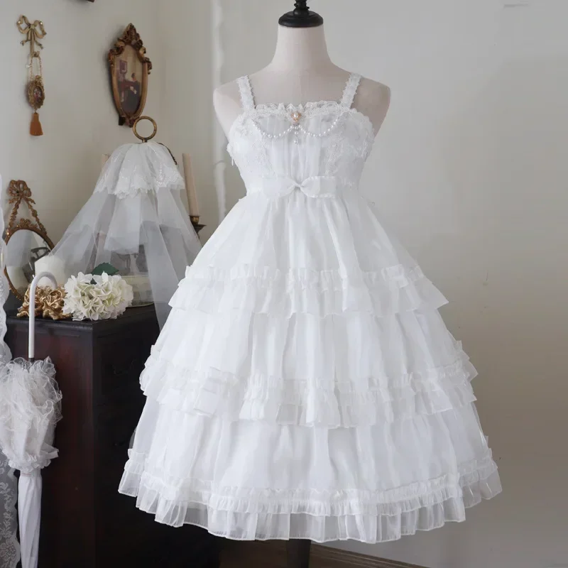 Love Organza Sweet Lolita JSK Dress Tiered Cute Mini Party Dress Gothic Y2k Pink Princess Dresses lolita dress,lolita suspender dress,lolita cosplay costumes
