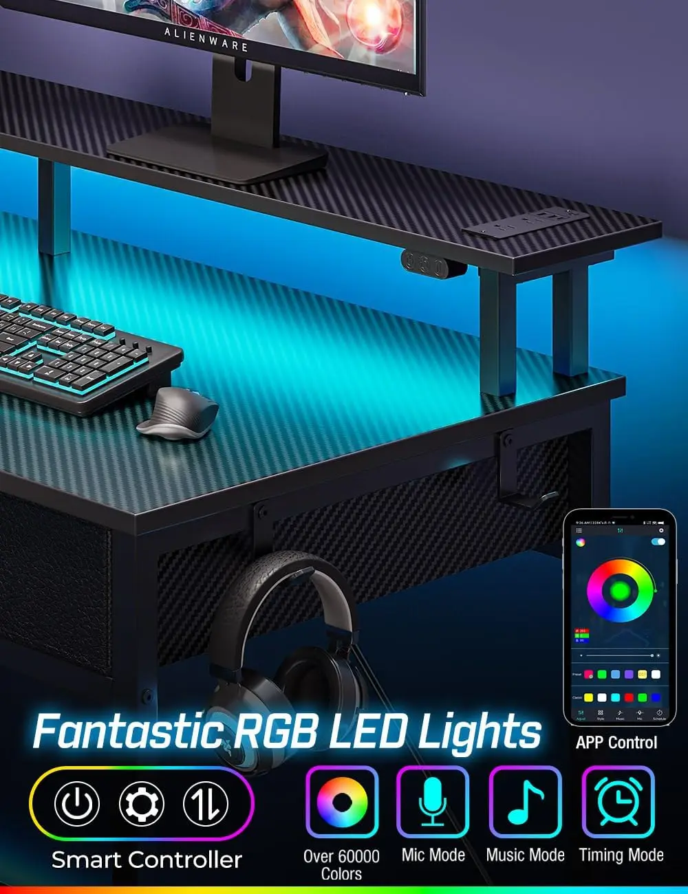 Computer Desk with Power Outlets & LED Light, 47 inch Home Office Desk , Modern Work Desk for Home Office, Carbon Black 5