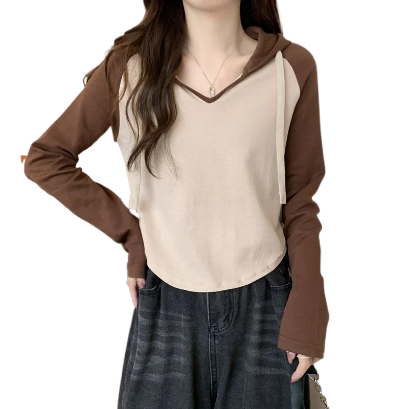 Autumn New Slim-fit Slimming Cotton Design Sense Contrast Color Hooded Long-sleeved T-shirt Women's Inner Base Top