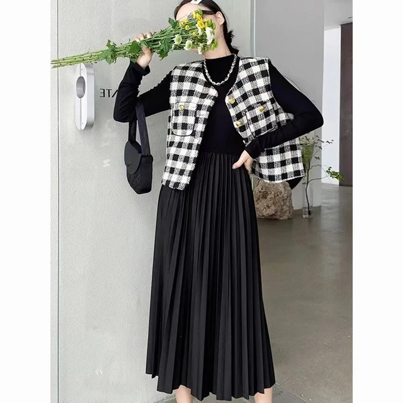 Women Knit Dress Plaid Vest Two Piece Set Spring Autumn Korean Lady Graceful Patchwork Pleated Dresses Tank Coat Outfits 2023 women elegant floral printed short dress v neck korean style a line dress spring summer casual pleated swing dresses vestidos