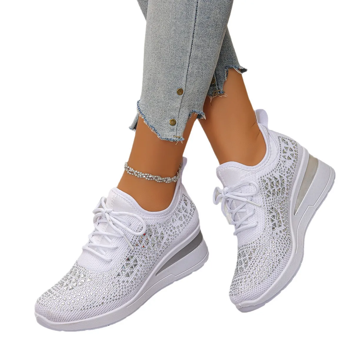 Women's Sneakers Shiny Rhinestone Wedge  Breathable Knit Non Slip Walking Shoes Woman Plus Size Fashion Thick Sole White Sneaker