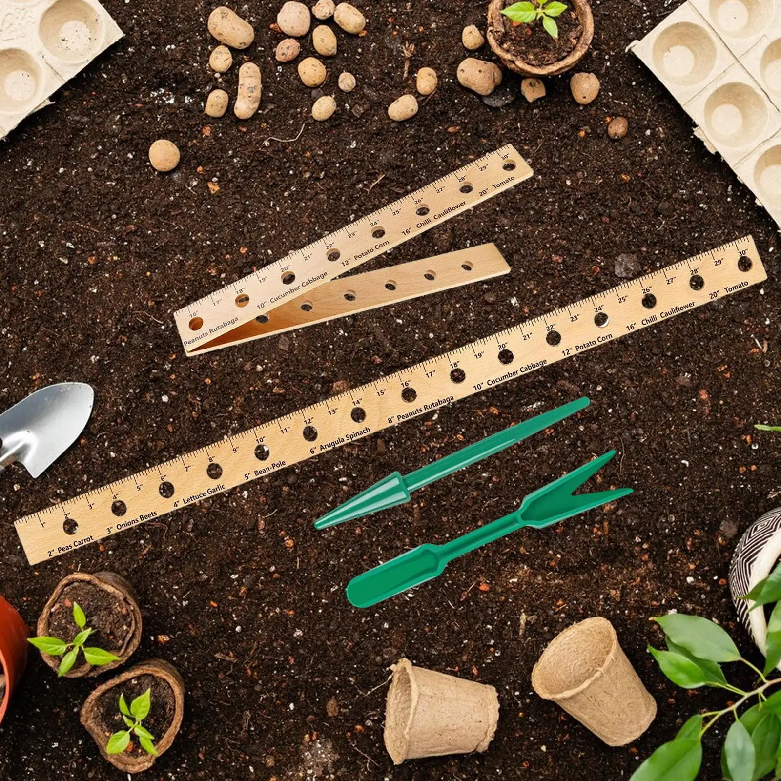 Wooden Planting Ruler with Hand Dibber Planting Guide with Holes Planter Portable Garden Ruler for Vegetable Orchards Outdoor