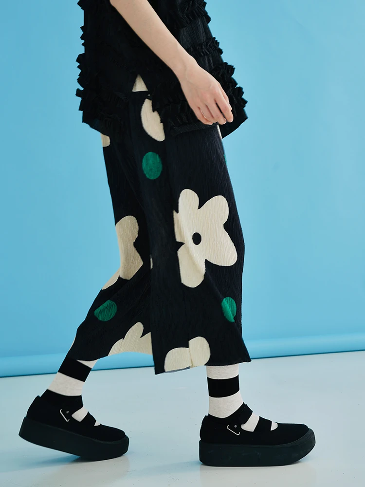 imakokoni original 2022 spring/summer summer cool crumpled velvet print 7-point pants wide leg harajuku pants for women 223691