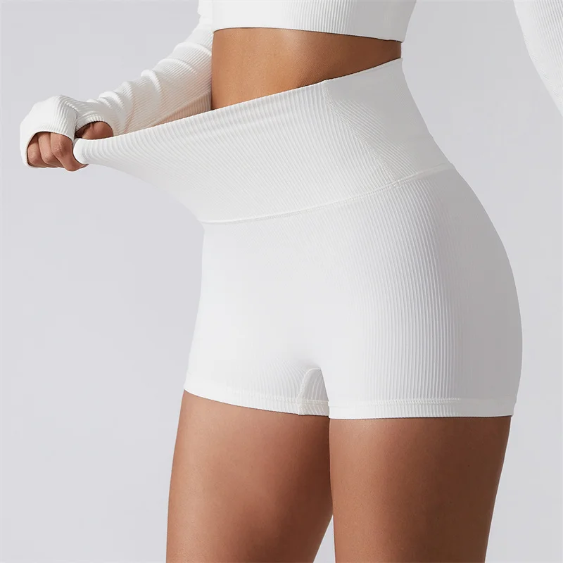 Solid Color Rib Fitness Yoga Short Leg High Waist Women Sports Short Workout  Cycling Workout Training Breathable Sweat-wicking