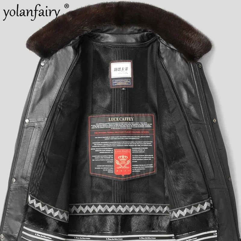 

New Genuine Leather Coat Men's Cowhide Real Lamb Fur Coats and Jackets for Men Short Polo Collar Thick Male Winter Jacket FCY