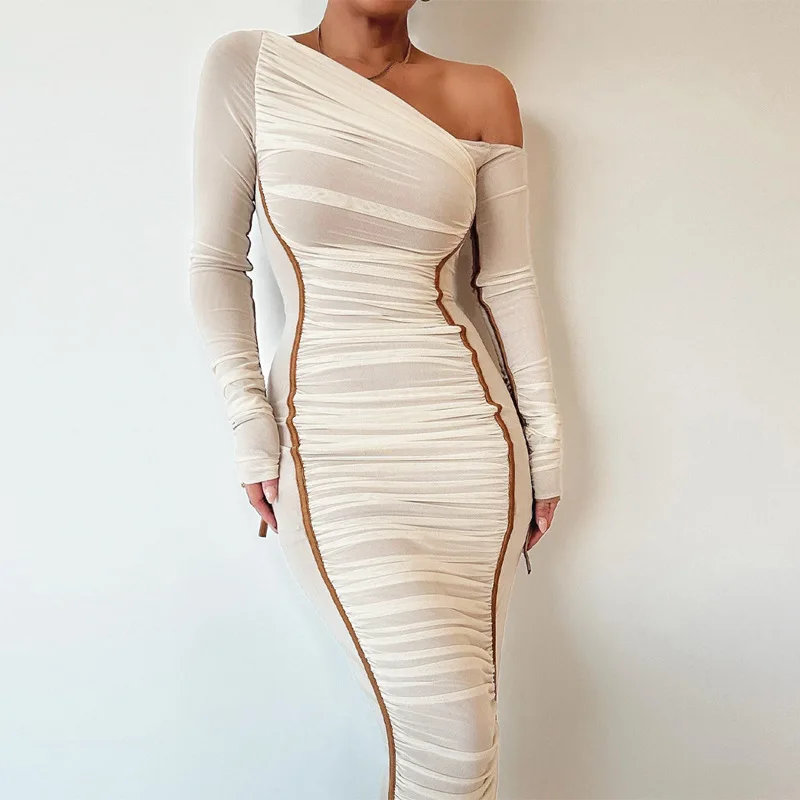 White Mesh Off-Shoulder Maxi Dress Female Long Sleeve Patchwork Fashion Contrast Summer Backless Ladies Party Long Dress