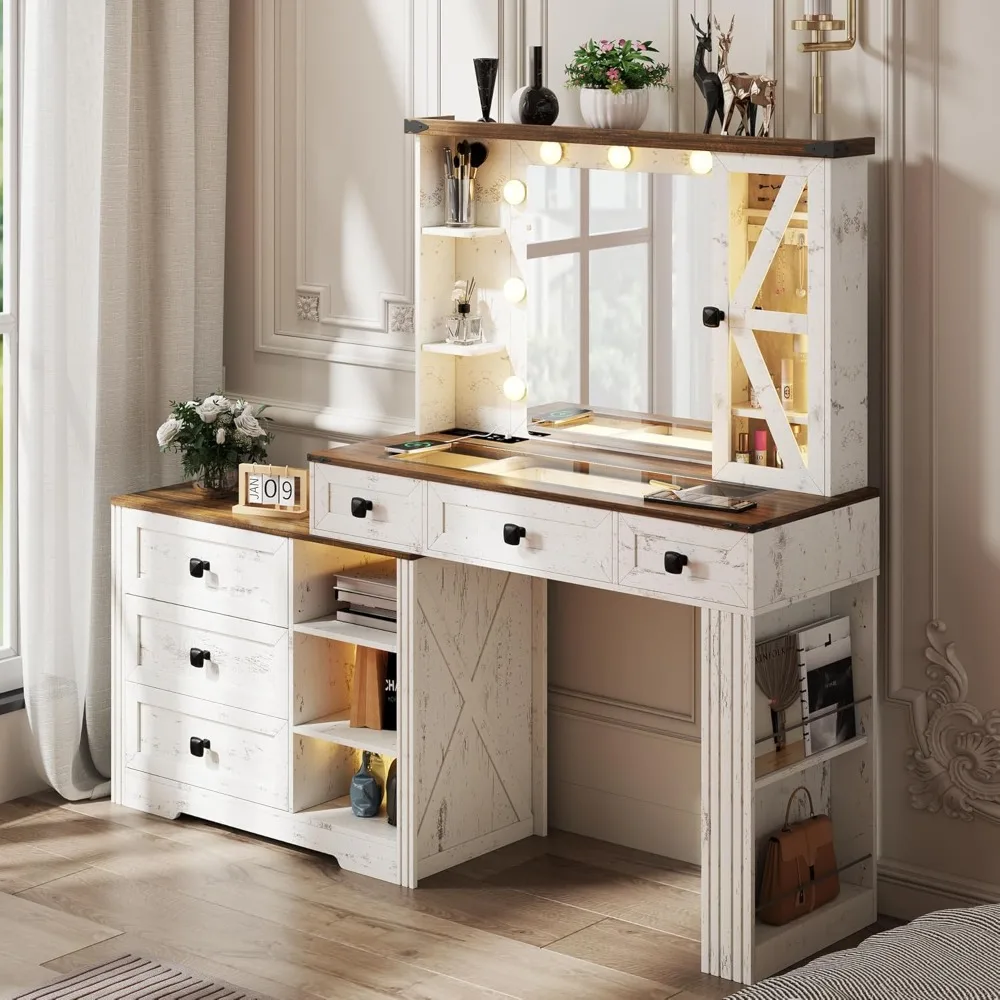 Vanity Desk Mirror and Lights, Makeup Vanity Table 6 Drawers/Large Storage, White Dressing Table 3 Colors Adjustable Lighting