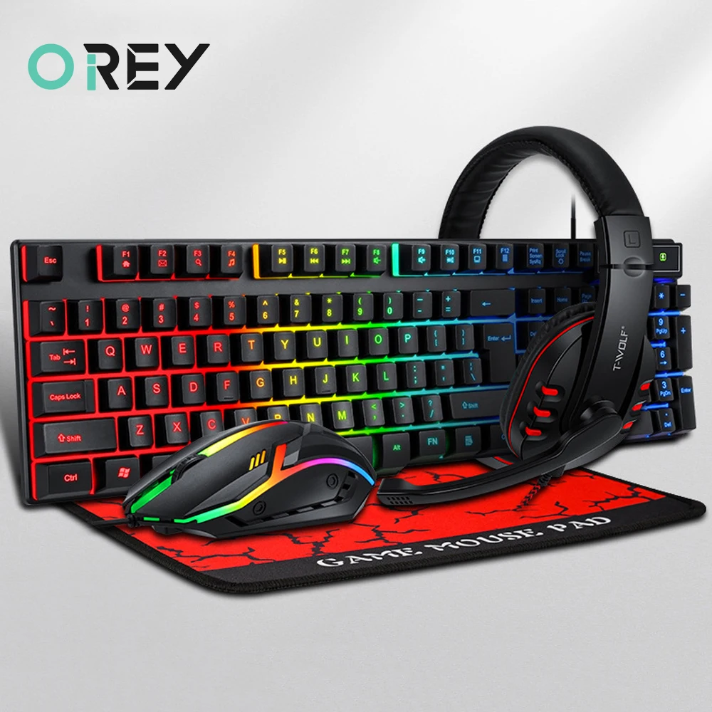 RGB 4 In 1 Gaming Keyboard and Mouse Headset Mouse Pad Keyboard Ergonomic Light Mechanical Feel Keyboard and Mouse Combo