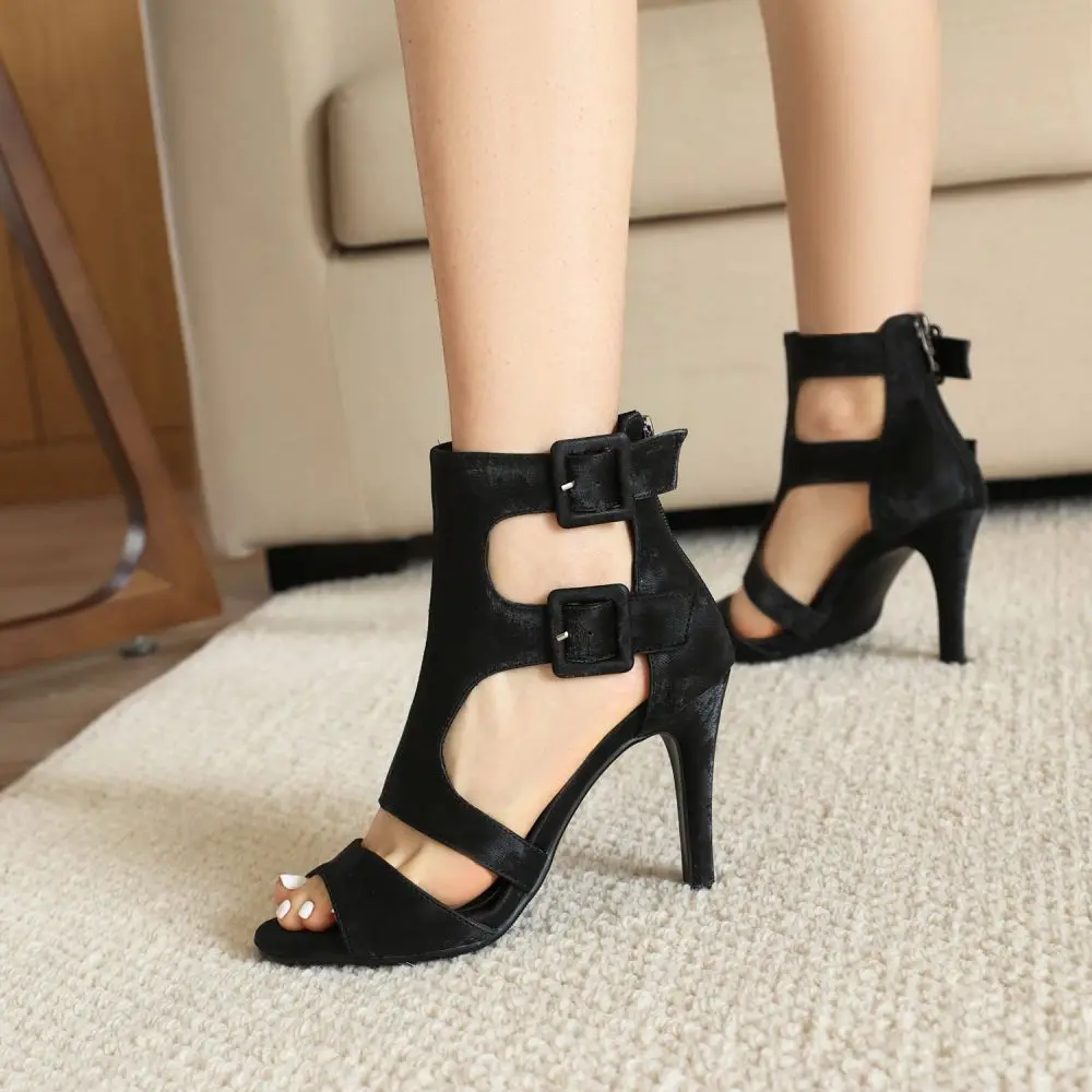 Peep Toe Women's Boots Sandals Stiletto Cover Heels Shoes Summer Buckles Back Zip Design Dress Pumps