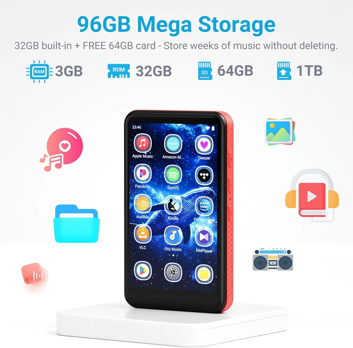 96GB（64GB+32GB) MP3 Player with Bluetooth and WiFi, MECHEN Android 10 OS with 4" Touchscreen and Speaker,with Spotify,Play Store