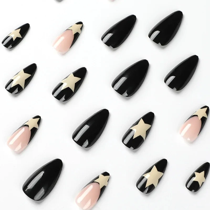 Long French Black Edge Star Nails 24 PCs with 1 Jelly Gel and 1 Nail File