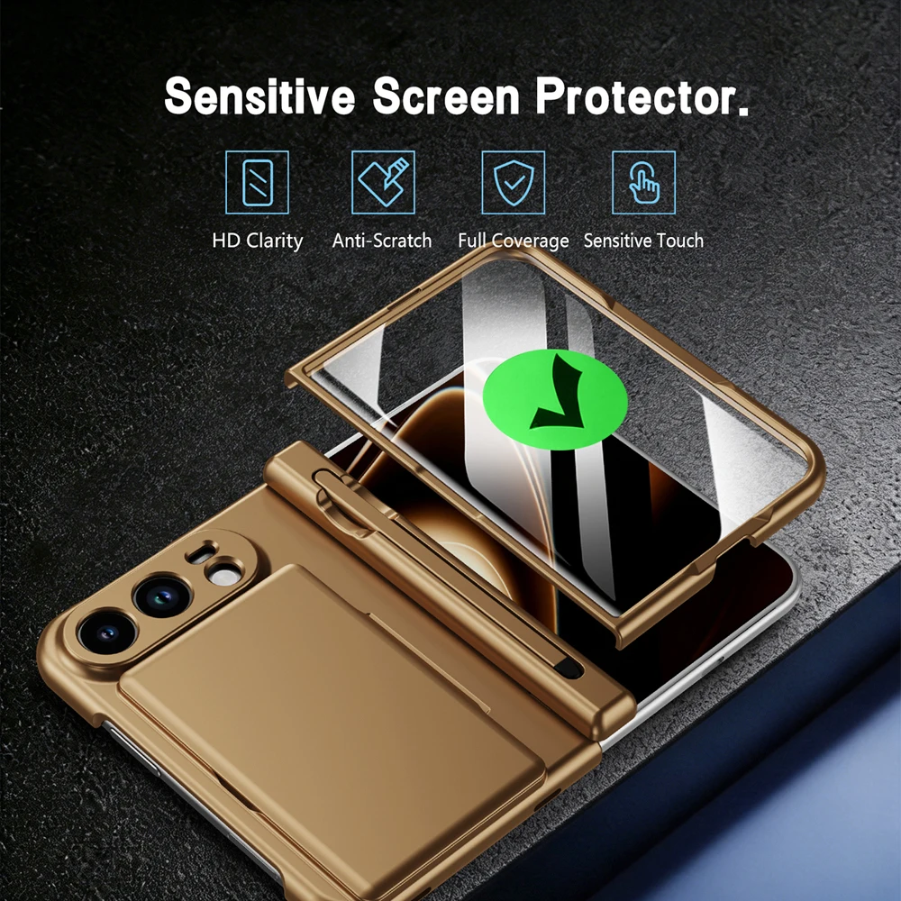 Premium Luxury Metallic Frosted Card Holder Fold Phone Case with Glass Screen Protector and Full Hinge Protection