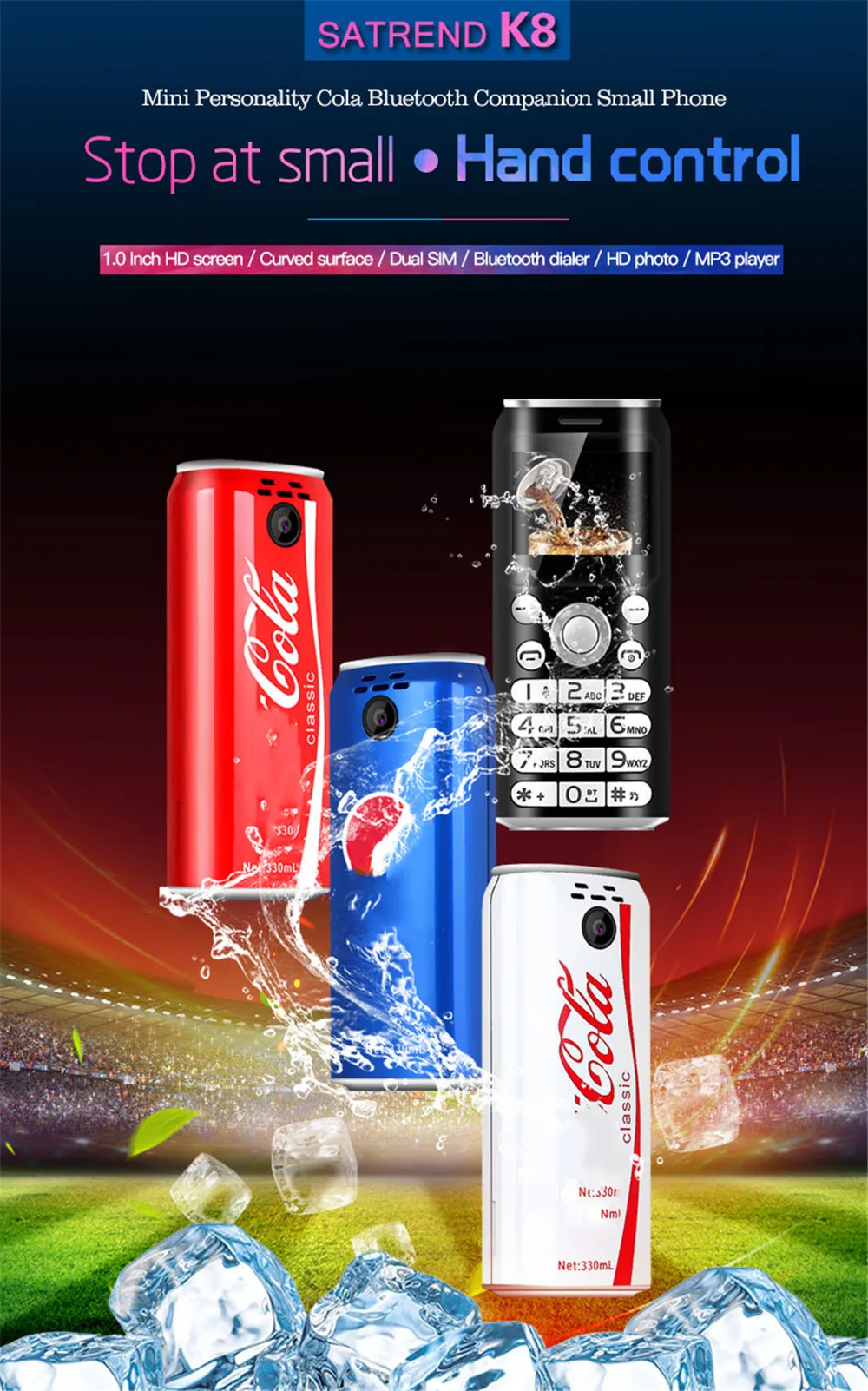 SATREND K8 Fashion Mini Mobile Phone Cola Shape Dual SIM Telefone MP3 Call Recording 1.0'' Pocket Smallest Size Cellphone