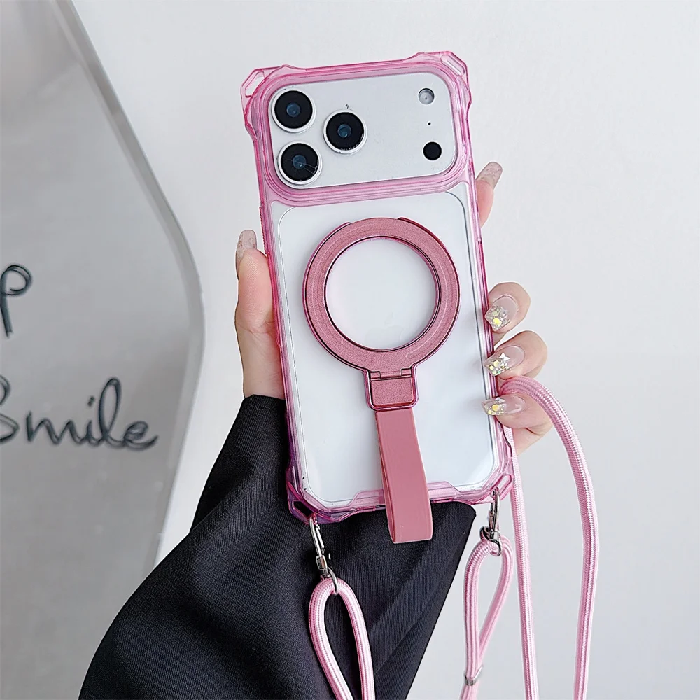 Versatile Crossbody Lanyard Phone Case with Soft Wrist Strap and Magnetic Stand - Clear Acrylic Armor Cover