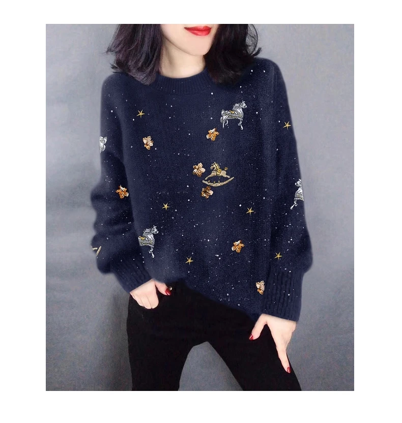 Embroidered Women Sweater 2022 Autumn Winter Long Sleeve O-neck Pullover Knitwear Vintage Fashion Loose Female Women\'s Jumper