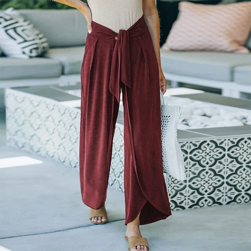 2023 New Spring Autumn Loose Fitting Solid Color Casual Pants Middle Waistband Tie Wide Leg Pants Knitted Trousers for Women