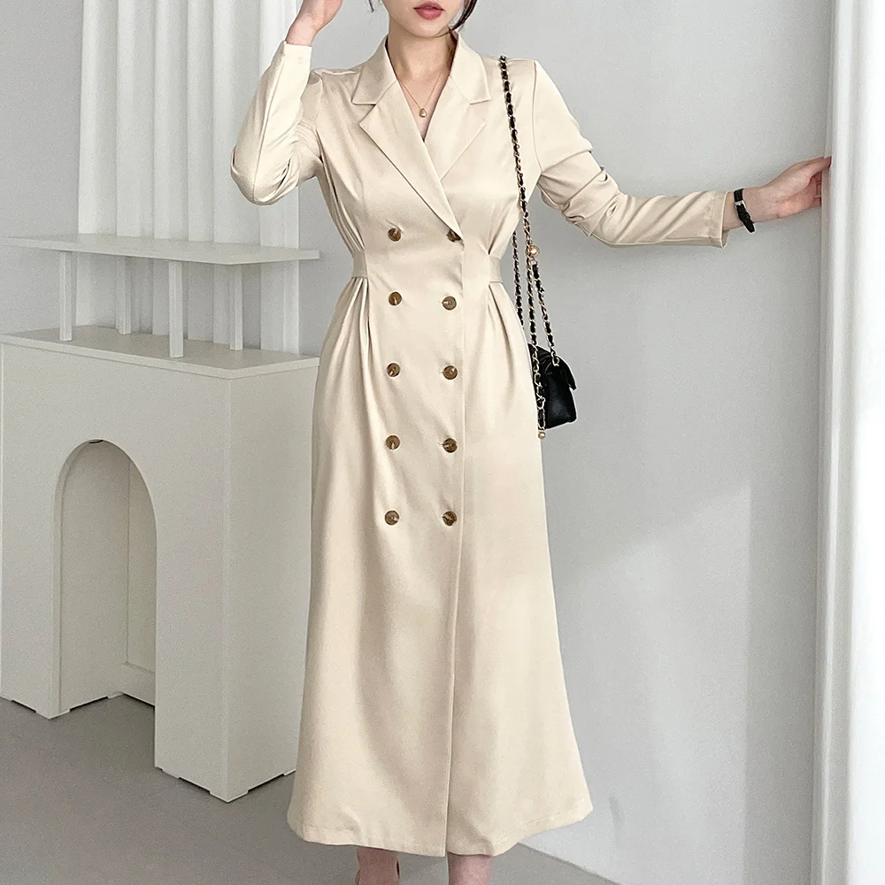 

Korean Vintage Autumn Spring Office Ladies Long Clothes Elegant Women Notched Collar Double-Breasted Lace Up Khaki Coat Dresses