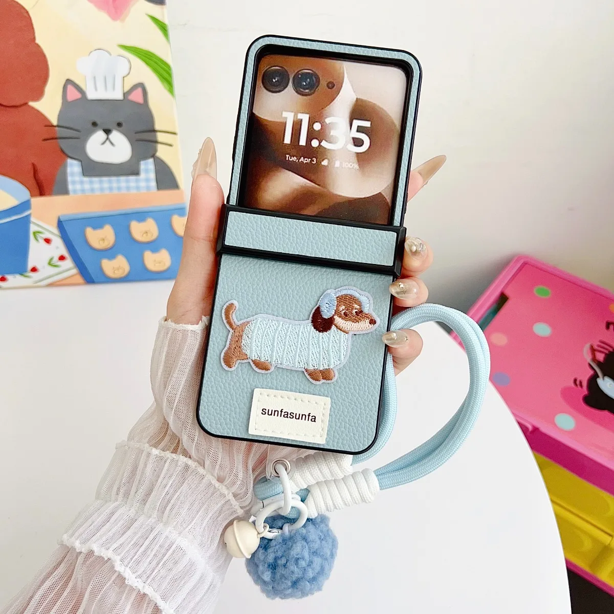 Cartoon Sausage Dog PU Leather Phone Case with Wrist Strap and Hinge Protection