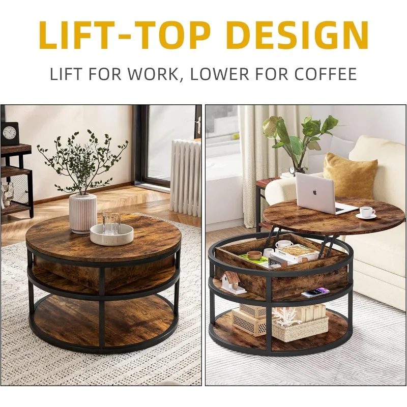 Round Coffee Tables for Living Room,Lift Top Coffee Table with Storage, Farmhouse Wood Coffee Table,Circle Coffee Tables 5