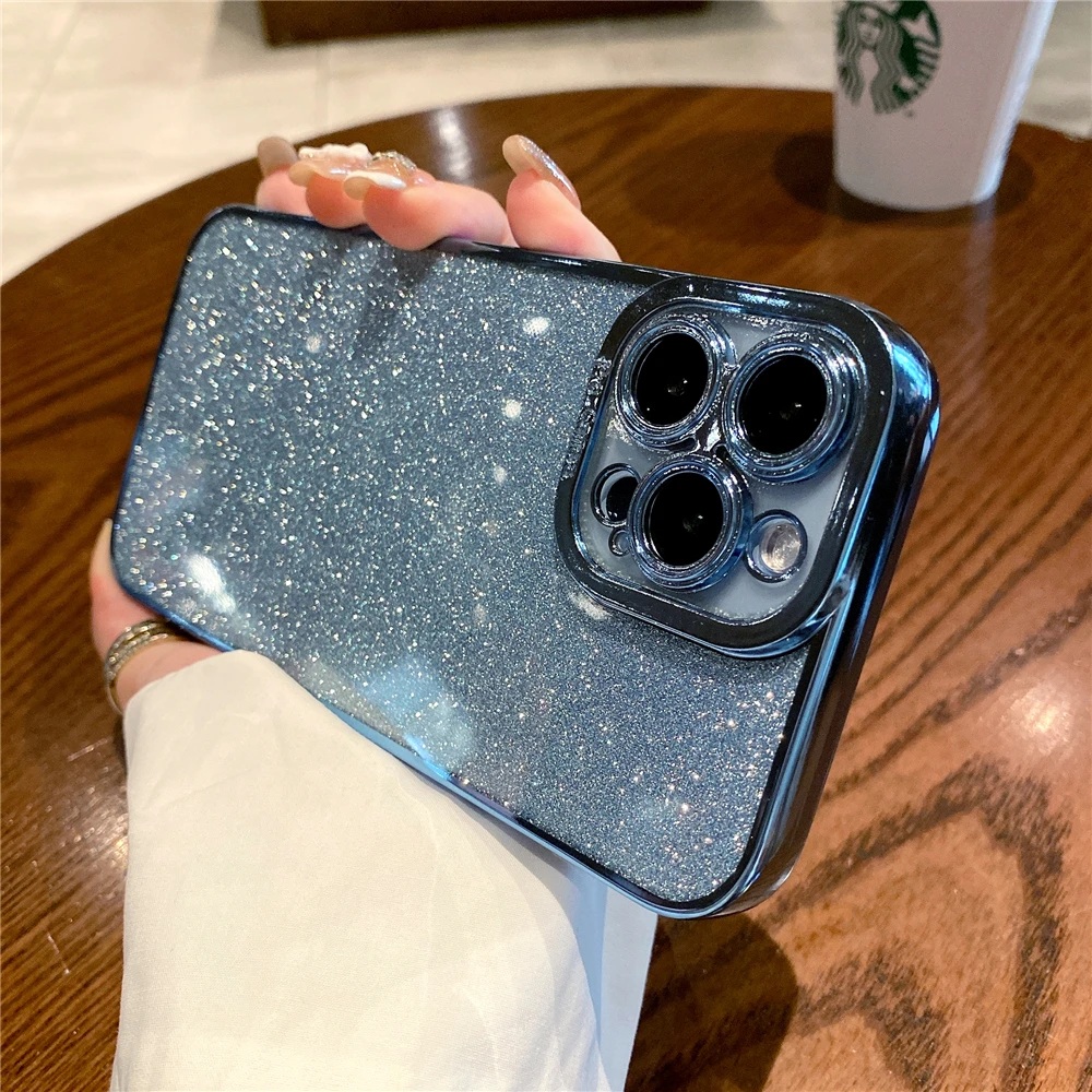 thumbnail image 1 of Luxury Plating Silicone Glitter Transparent Case For iPhone 15 14 11 12 13 Pro Max Mini XR X XS 6 7 8 Plus SE Shockproof Cover, 1 of 5
