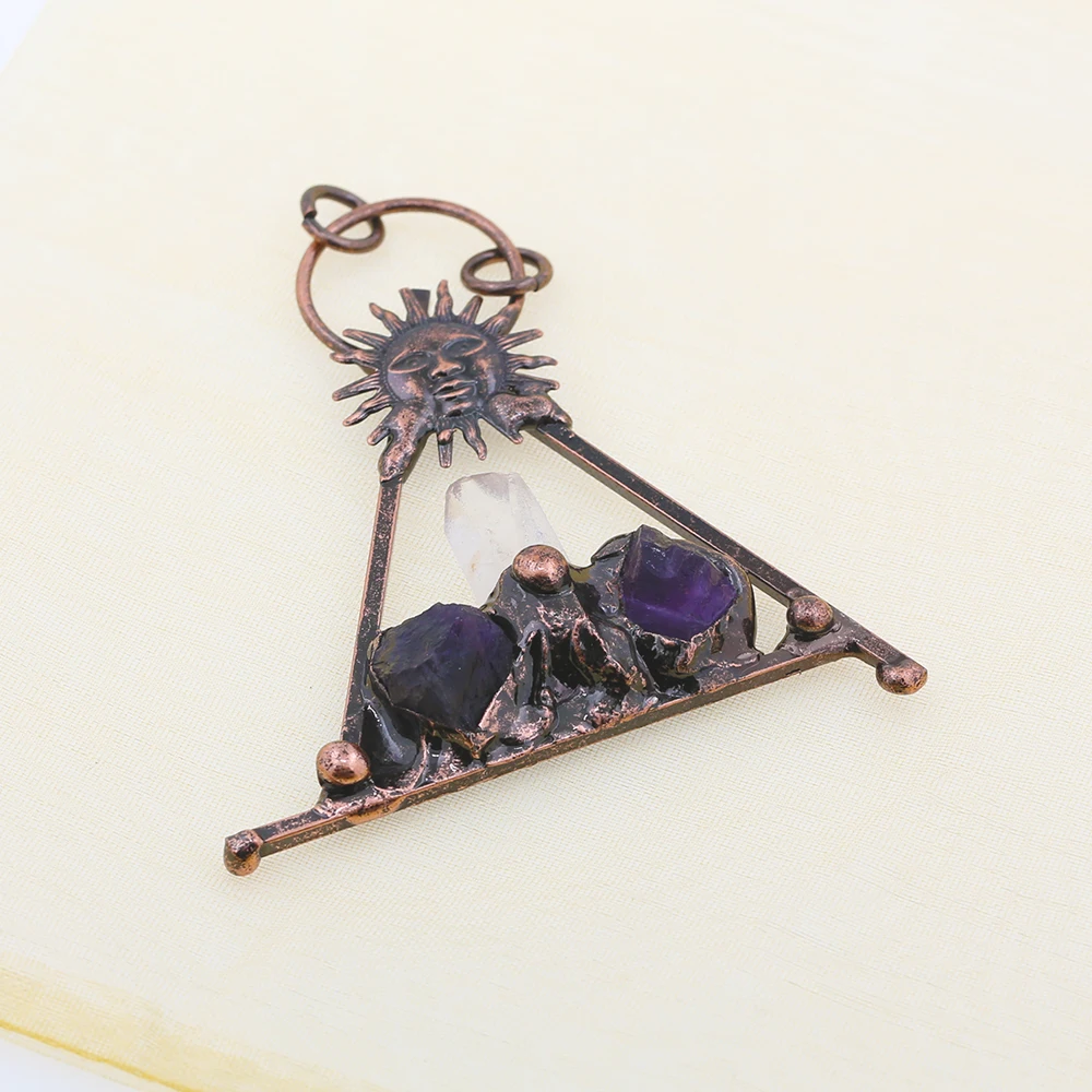 

Boho Bronze Sun Triangle Set Purple Semi-Precious Stone Vintage Necklace Pendant Accessory Jewelry