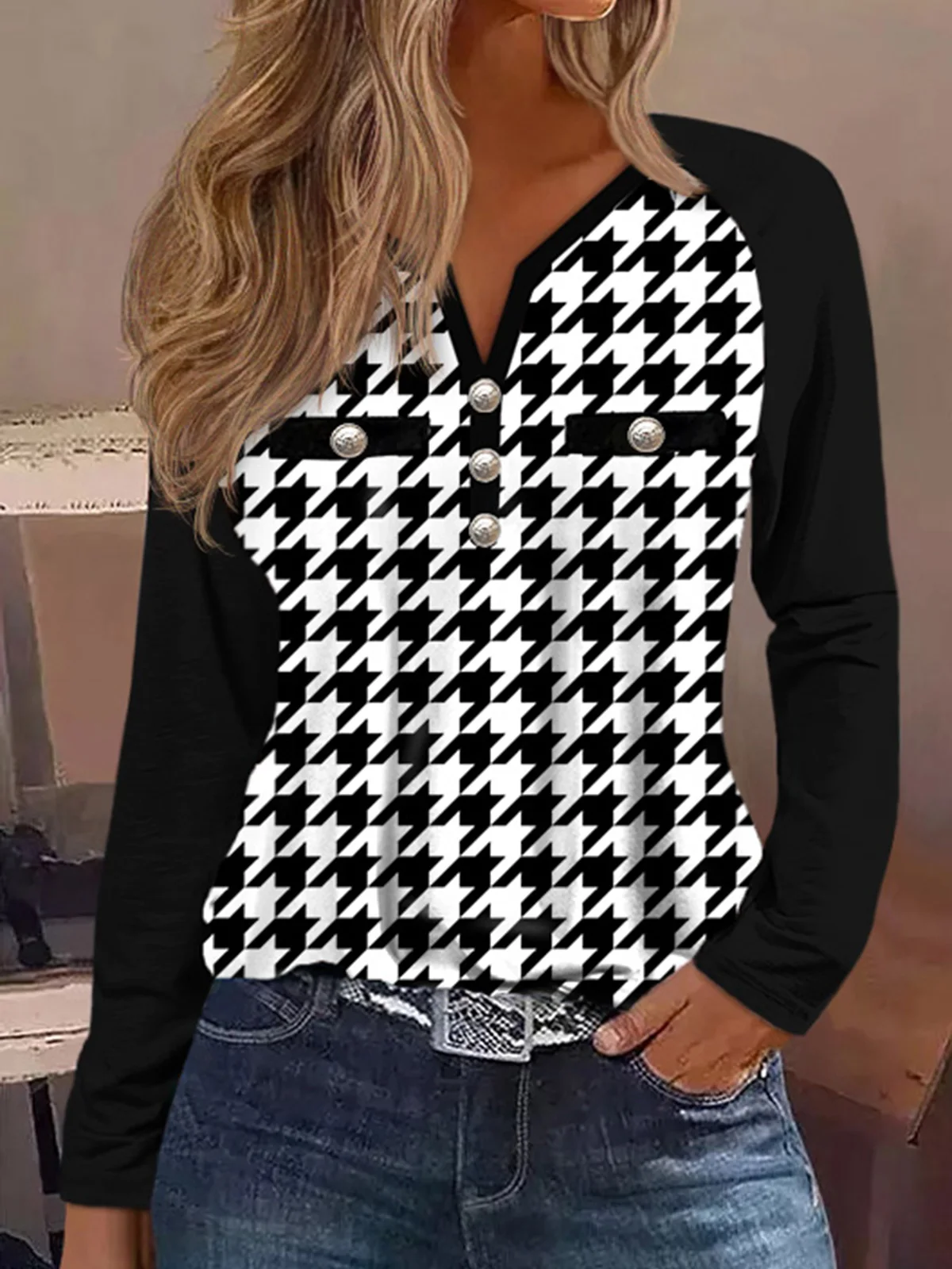 

Houndstooth Button Raglan Sleeve Blouse Woman Print Blouse Vintage Casual All-match Stylish Elegant Shirt Autumn Lady Clothes
