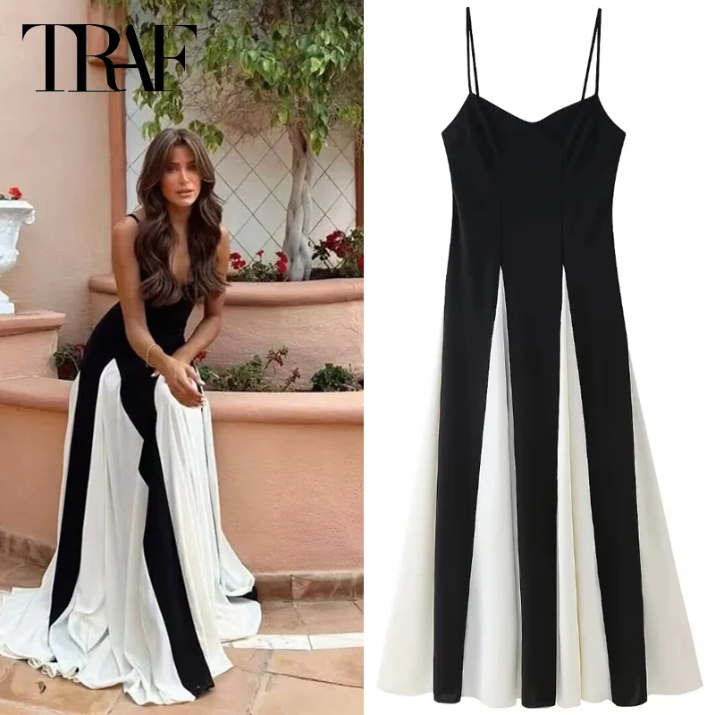 

TRAF Female Fashion Summer Dresses 2024 Patchwork Slip Dress Midi V-Neck Sleeveless Backless Long Dress Elegant Vacation Dresses