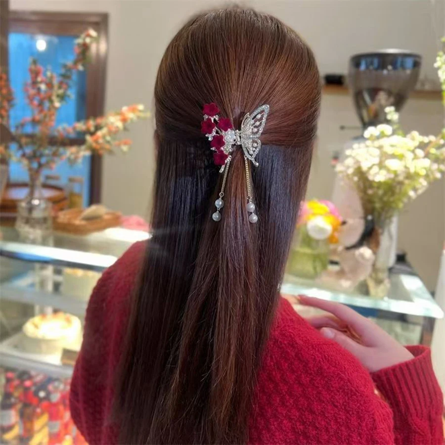 Elegant Red Flower Butterfly Tassel Hairpin Banquet Ceremony Party Women's Dress-Up Hair Accessory Women's Hair Clip