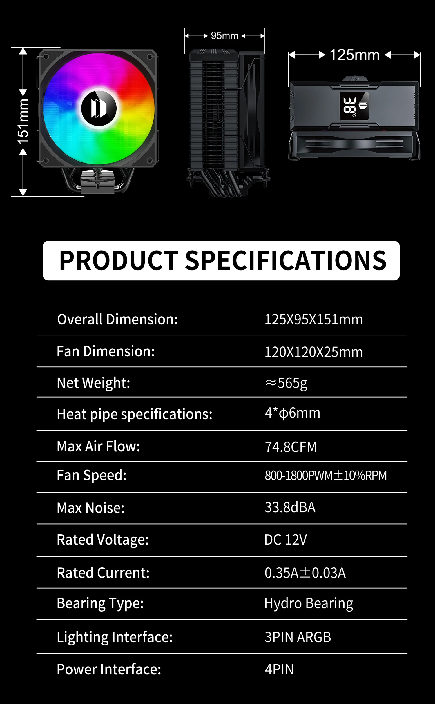 Walrus Guard 120 Digital Display 4 Heatpipe CPU Cooler 120mm Cooling Fan Radiato