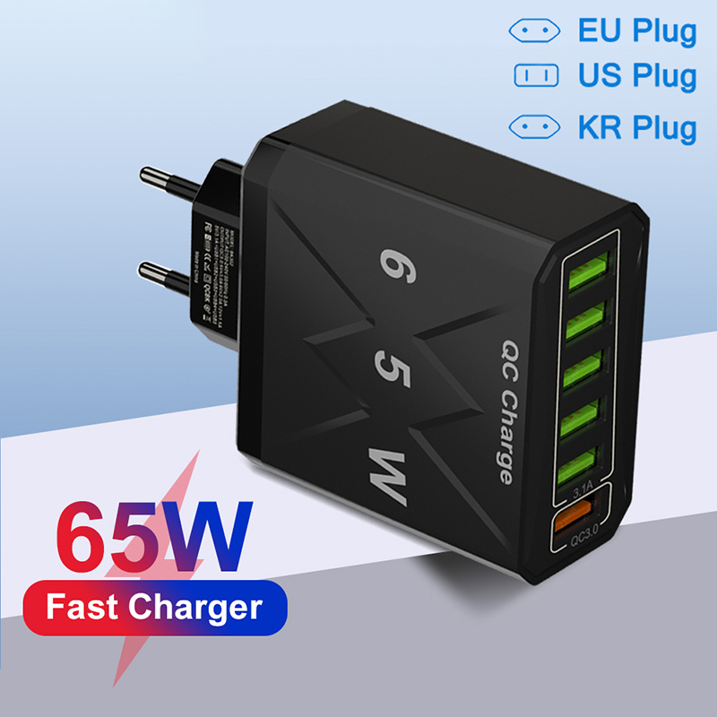65W Mobile Phone 6 Ports Fast Charger USB Charger Fast Charging Adapter 6-in-1 QC3.0 US EU KR Plug Quick Wall Charger for iPhone