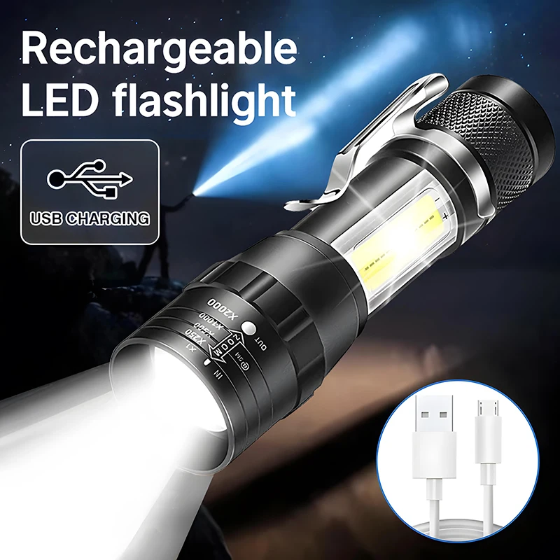 Mini Torch LED Rechargeable Flashlight Portable USB Charging Flashlight With COB Light HighPower Bank Camping Long Range Lantern