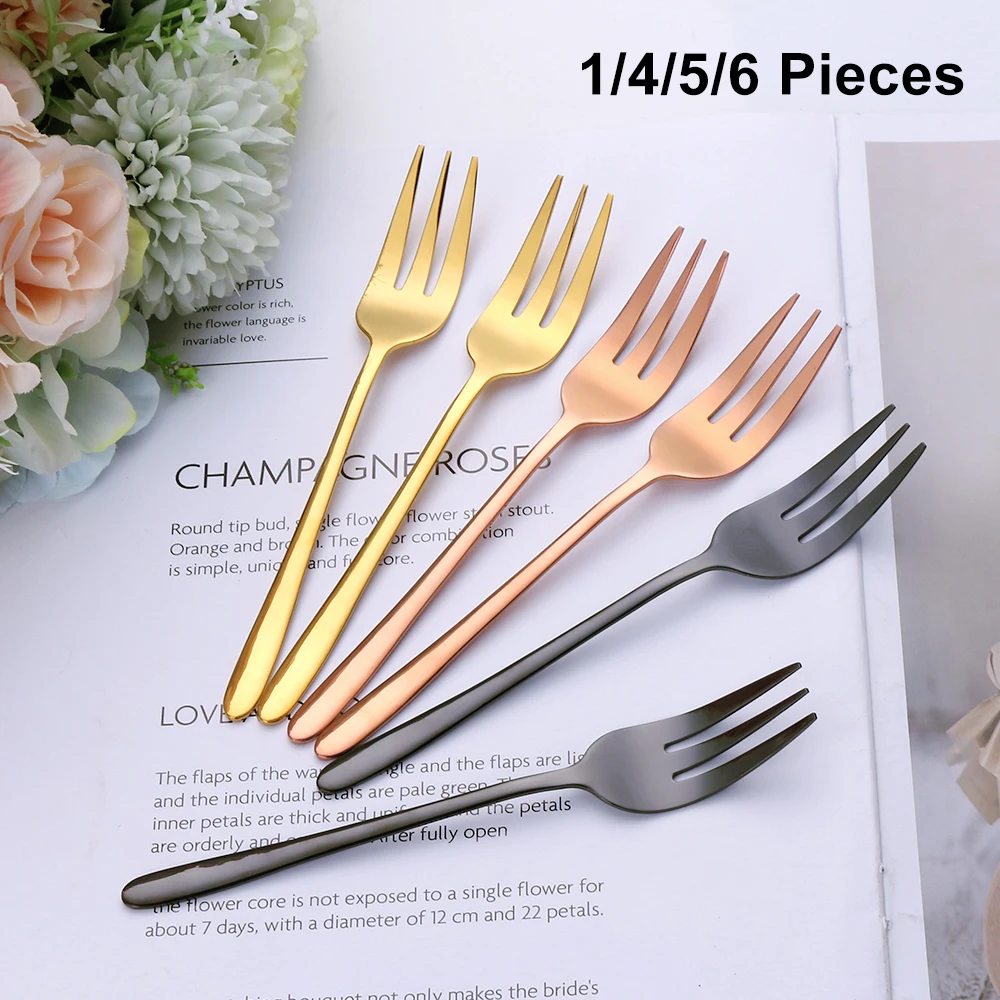 

6Pcs Tea Fork Stainless Steel Tableware Set Fruit Fork Dinnerware Cutlery Set Gold Cake Snack Gold Salad Fork Kitchen Utensils