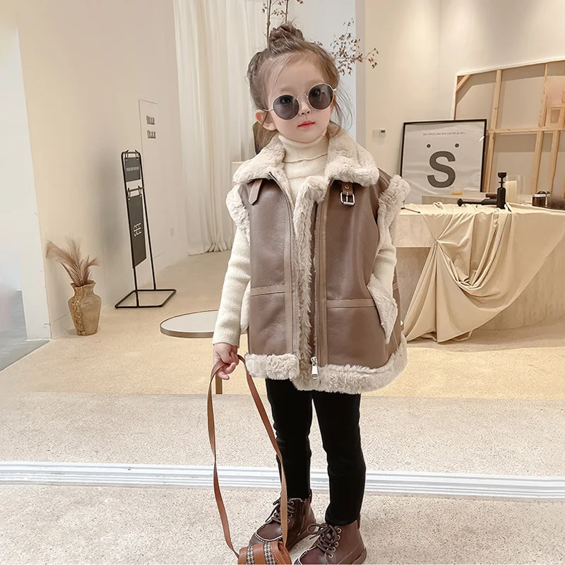 

Winter Girls Pu Vest Baby Sleeveless Coat Toddler Outwear Kids Vest Fashion Clothes Faux Leather Warm Velvet Belt 2-6Y