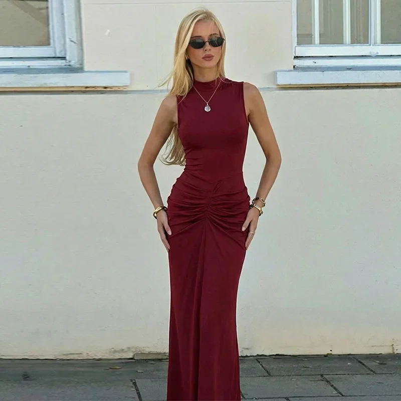 Halbhoher Kragen Ärmelloses Sexy Maxikleid Damen Abendkleid Elegant Hohe Taille Gerafftes Schlitz-Clubkleid Party Langes Tanktop-Kleid – Detail 3