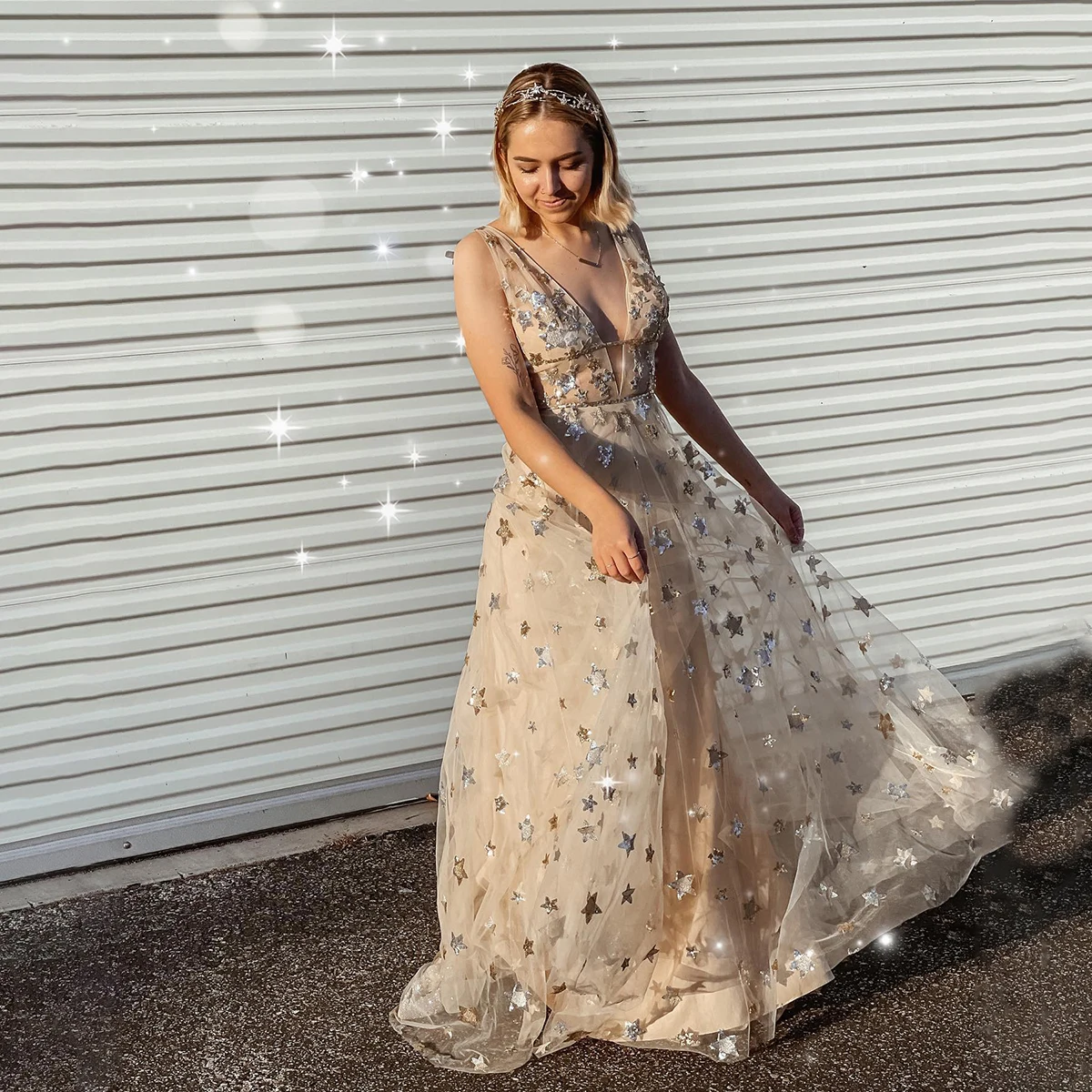 green emerald velvet dress Stars Wedding Dress V Neck,Light Champagne Long Sleeve Bohemian Bridal Gowns,WD01117, US16W / White main image 1