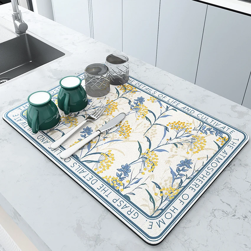 NeuWook Super Absorbent Dish Drying Mat - 16x20 Inch Quick Dry, Heat Resistant Kitchen Sink Mat (Yellow+Blue)